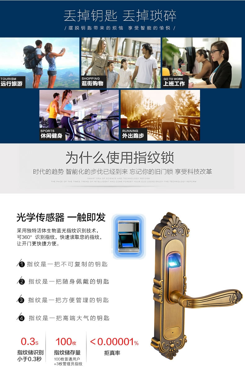 三環指紋鎖 寫字樓辦公室指紋鎖 臥室實木執手門鎖