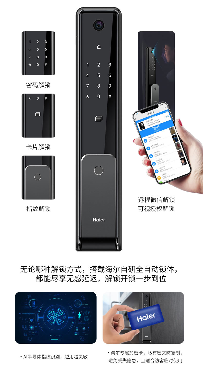 海爾智能鎖3D人臉識別指紋鎖23V可視貓眼密碼鎖家用鎖V23