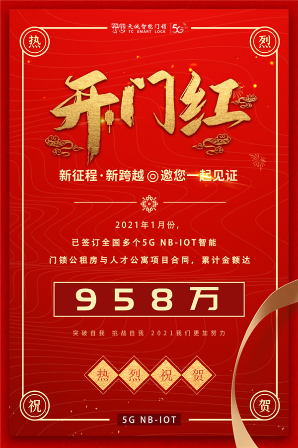 958w簽約佳績！天誠迎2021開門紅，5G NB-IoT智能鎖市場這么香？