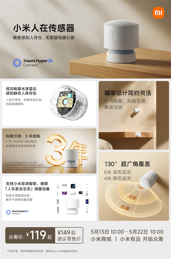 119元!小米官方人體存在傳感器終于來了:無需插電 續航3年 119元!小米官方人體存在傳感器終于來了:無需插電 續航3年